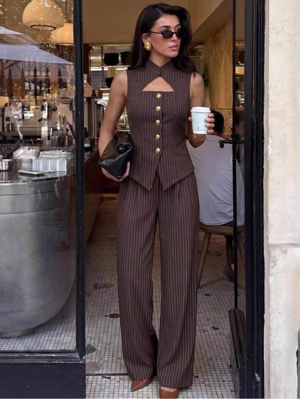 Sophisticated Brown Pinstripe Sleeveless Vest & Wide-Leg Trousers Set